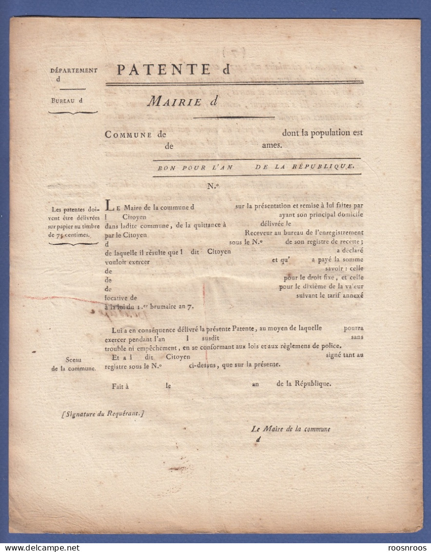 CIRCULAIRE RELATIVE AUX PATENTES - AN 9 - 1800 - CONTRIBUTIONS DIRECTES - Historische Dokumente