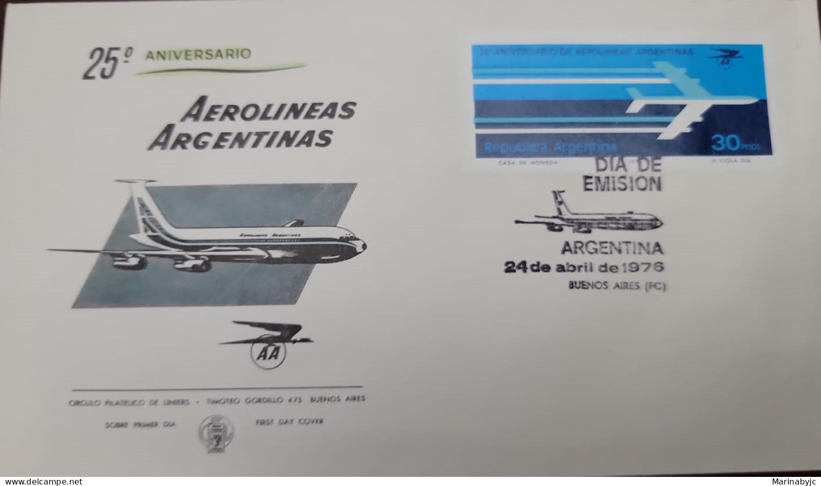 D)1976, ARGENTINA, FIRST DAY COVER, ISSUE, XXV ANNIVERSARY OF THE "AEROLÍNEAS ARGENTINAS", FDC - Otros & Sin Clasificación