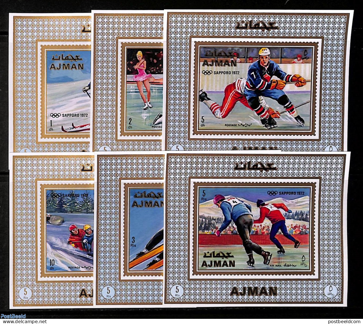 Ajman 1970 Olympic Winter Games 6 S/s, Imperforated, Mint NH, Sport - (Bob) Sleigh Sports - Ice Hockey - Olympic Winte.. - Invierno