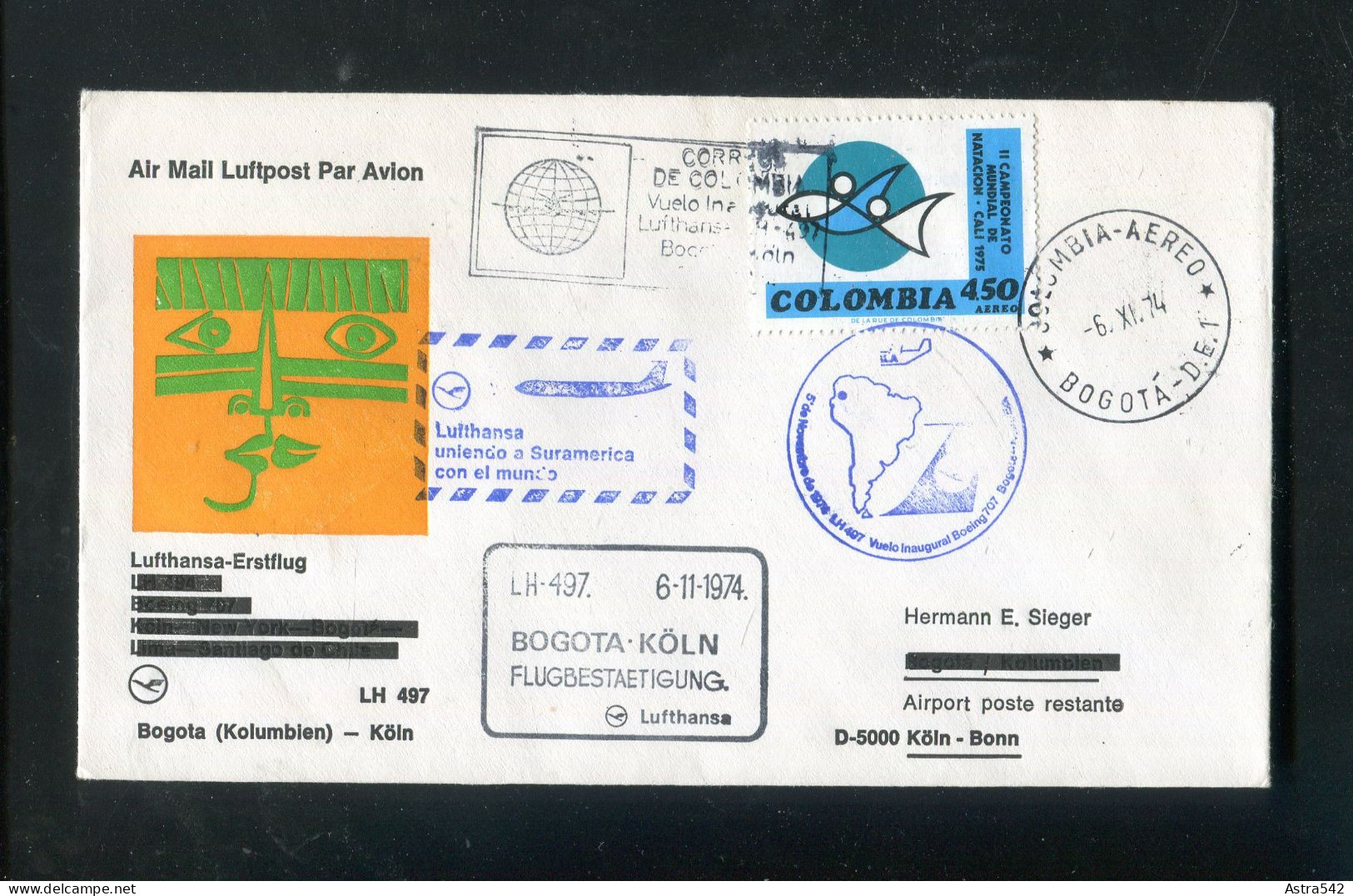 "KOLUMBIEN" 1970, Erstflugbrief LH 497 "Bogota-Koeln" (A1141) - Colombia