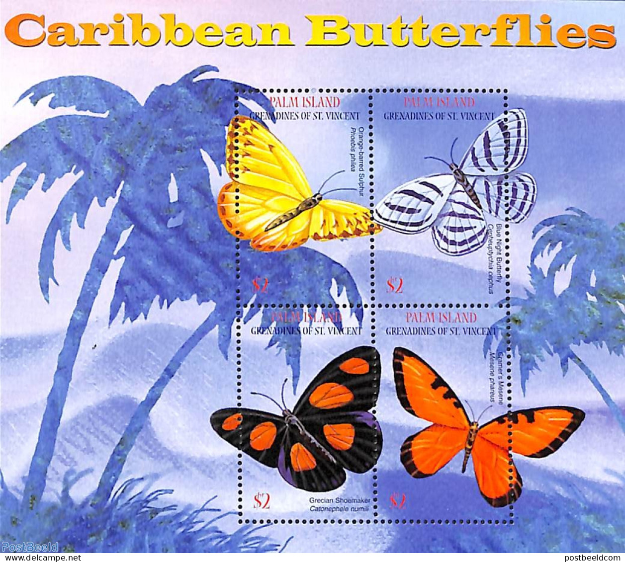 Saint Vincent & The Grenadines 2003 Palm Island, Butterflies 4v M/s, Mint NH, Nature - Butterflies - St.Vincent & Grenadines