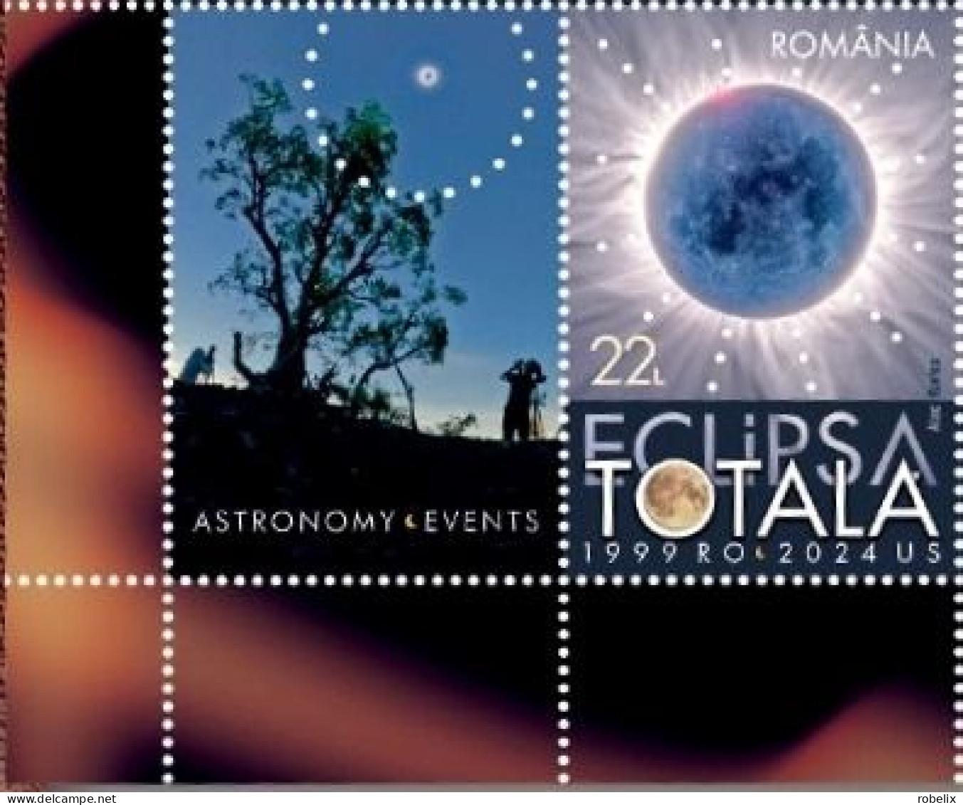 ROMANIA  2024  ASTRONOMY - TOTAL ECLIPSE From April 8 2024  Set Of 2 Stamps With Labels MNH** - Astronomie