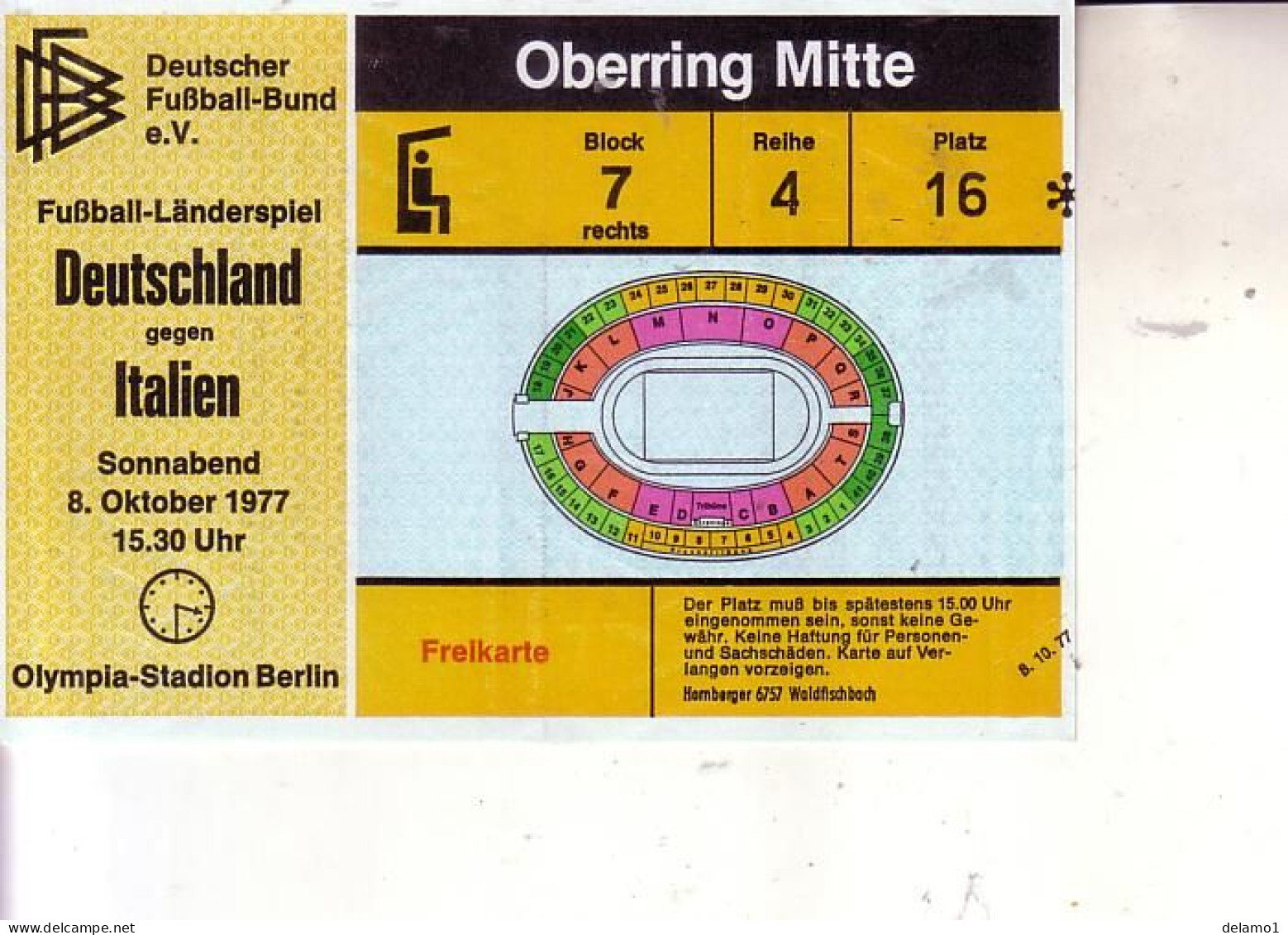 Naz. Di Calcio Italiane-- BERLINO-. Biglietto Originale Incontro --GERMANIA -- ITALIA -- 1977 - Uniformes Recordatorios & Misc