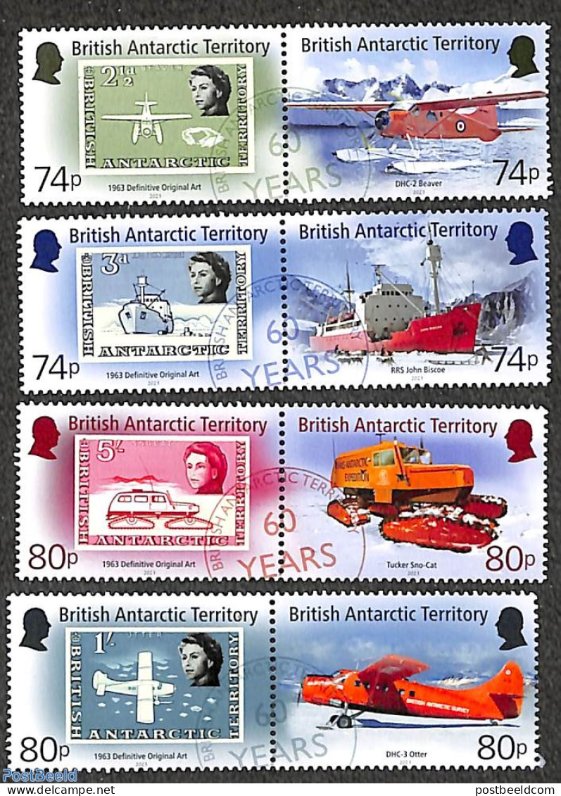British Antarctica 2023 60 Years Stamps 8v (4x[:]), Mint NH, Transport - Stamps On Stamps - Aircraft & Aviation - Ship.. - Briefmarken Auf Briefmarken