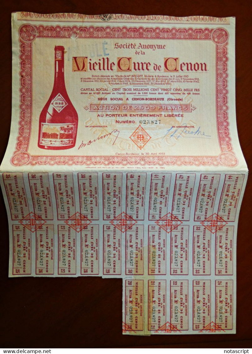 "Vieille Cure De Cenon" , Bordeaux,France  1952 ,Liquor,share Certificate , - Sonstige & Ohne Zuordnung