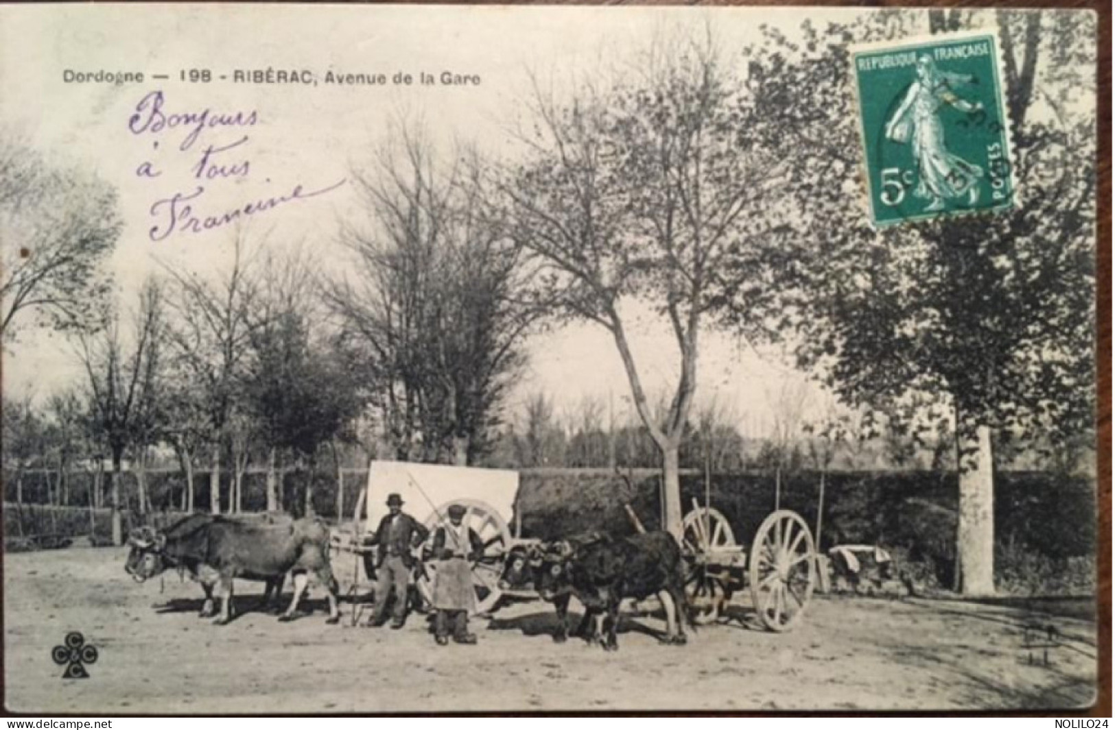 Cpa 24 Dordogne, Ribérac, Avenue De La Gare, éd Trèfle MTIL, Attelages Rustiques, Boeufs, Animée, écrite En 1910 - Riberac