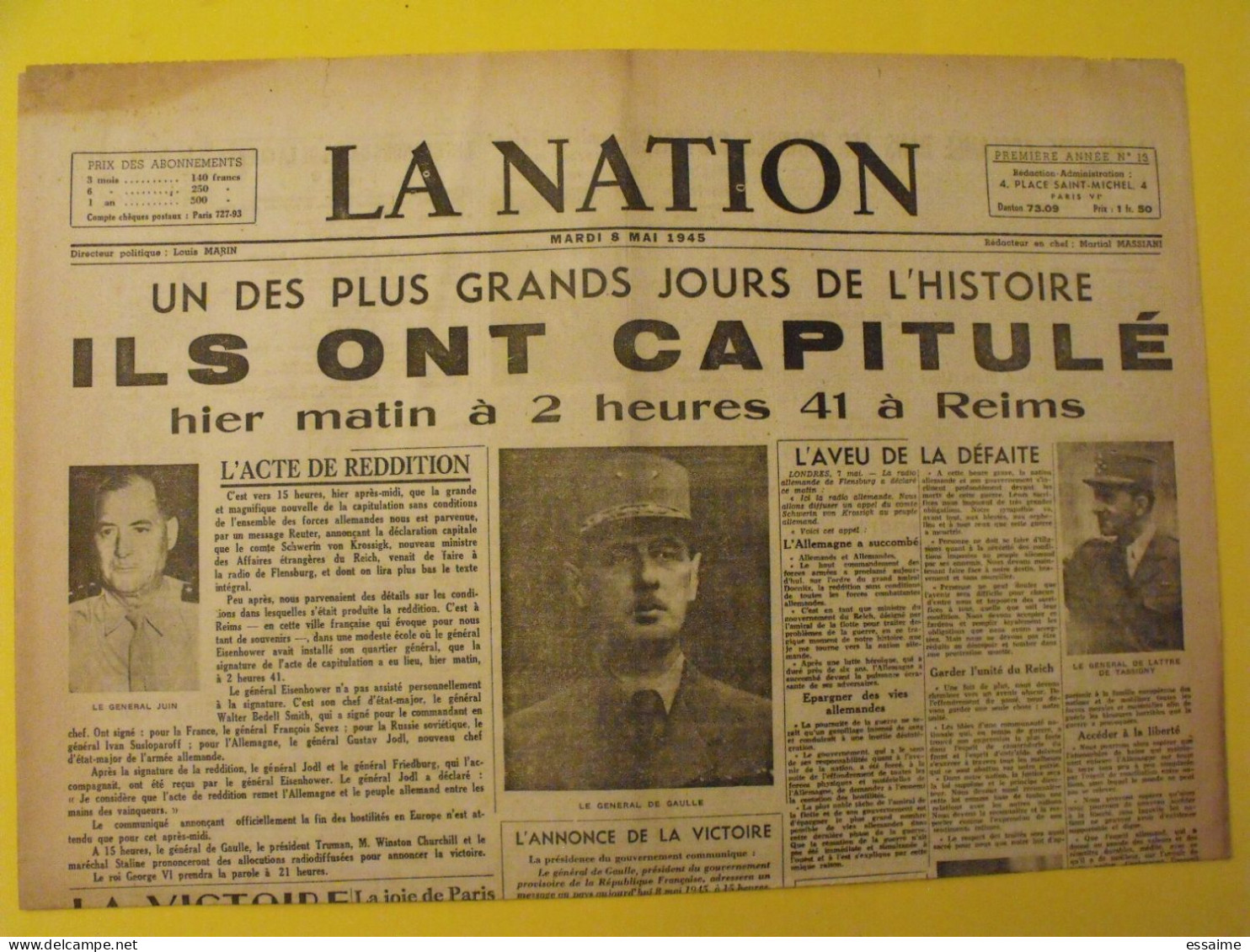 La Nation N° 13 Du 8 Mai 1945. Capitulation De L'Allemagne. Victoire. De Gaulle Juin Delattre De Tassigny Leclerc Koenig - Weltkrieg 1939-45