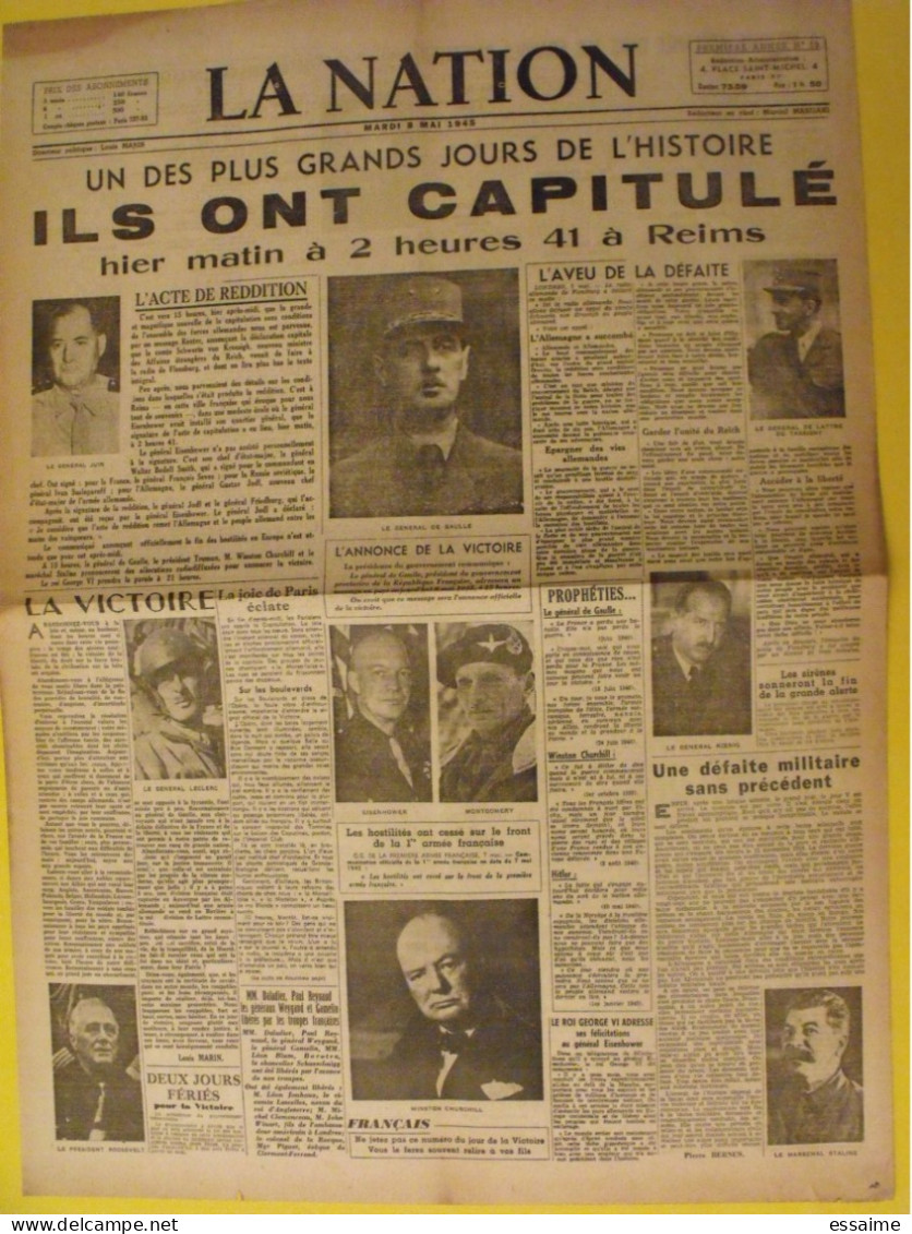 La Nation N° 13 Du 8 Mai 1945. Capitulation De L'Allemagne. Victoire. De Gaulle Juin Delattre De Tassigny Leclerc Koenig - Guerre 1939-45