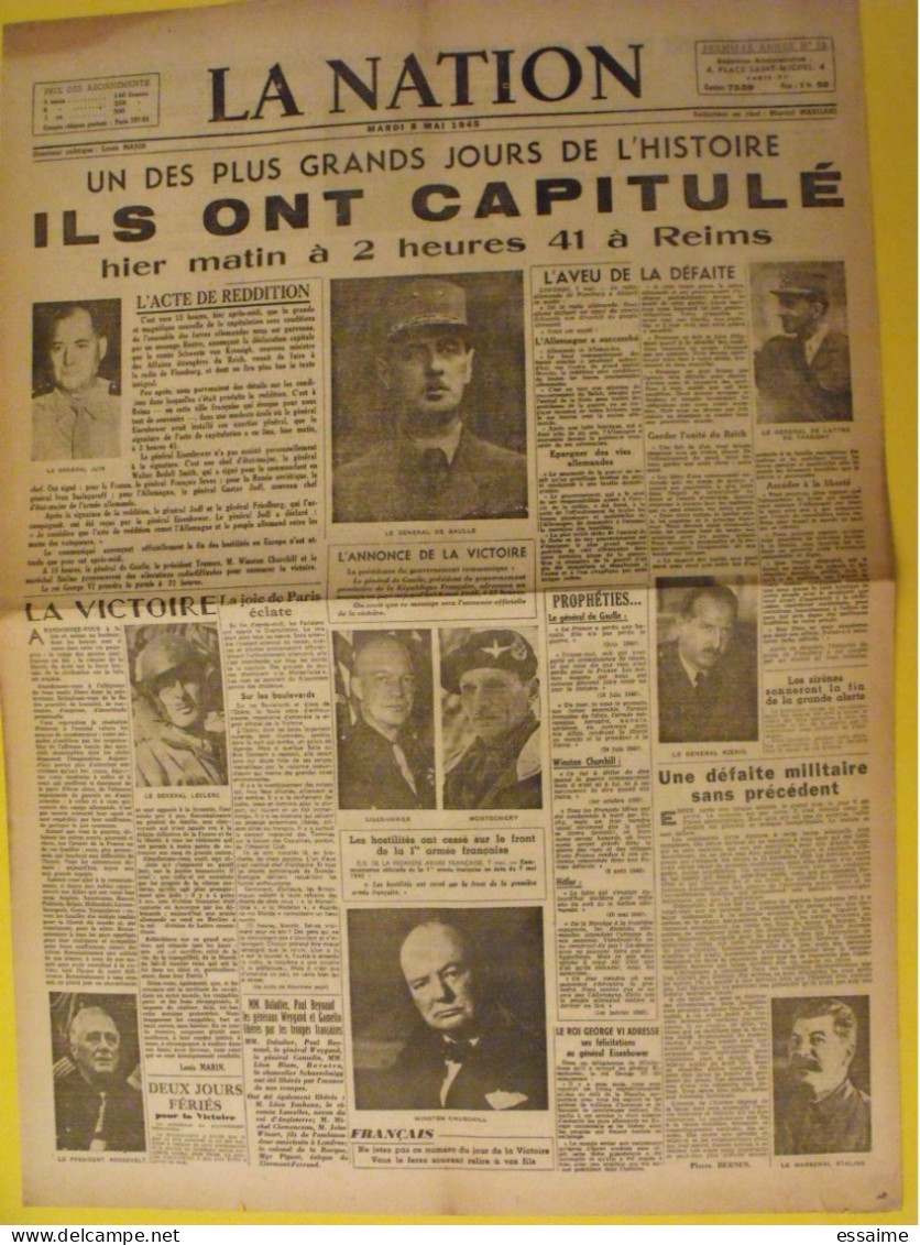 La Nation N° 13 Du 8 Mai 1945. Capitulation De L'Allemagne. Victoire. De Gaulle Juin Delattre De Tassigny Leclerc Koenig - Weltkrieg 1939-45