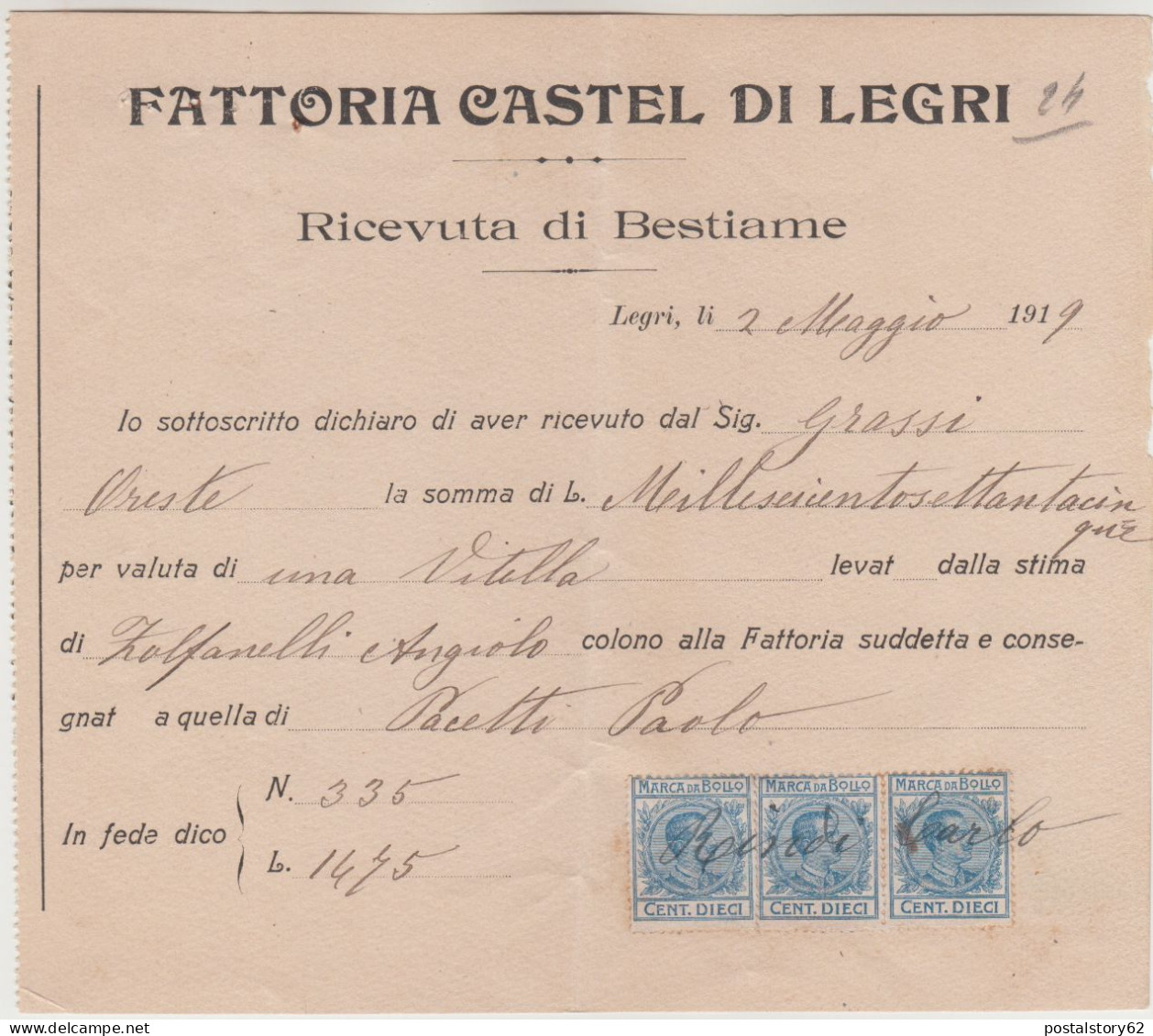 Castel Di Legri, Calenzano ( FI ) Ricevuta Di Vendita Di Bestiame. 02 Maggio 1919 - Italia