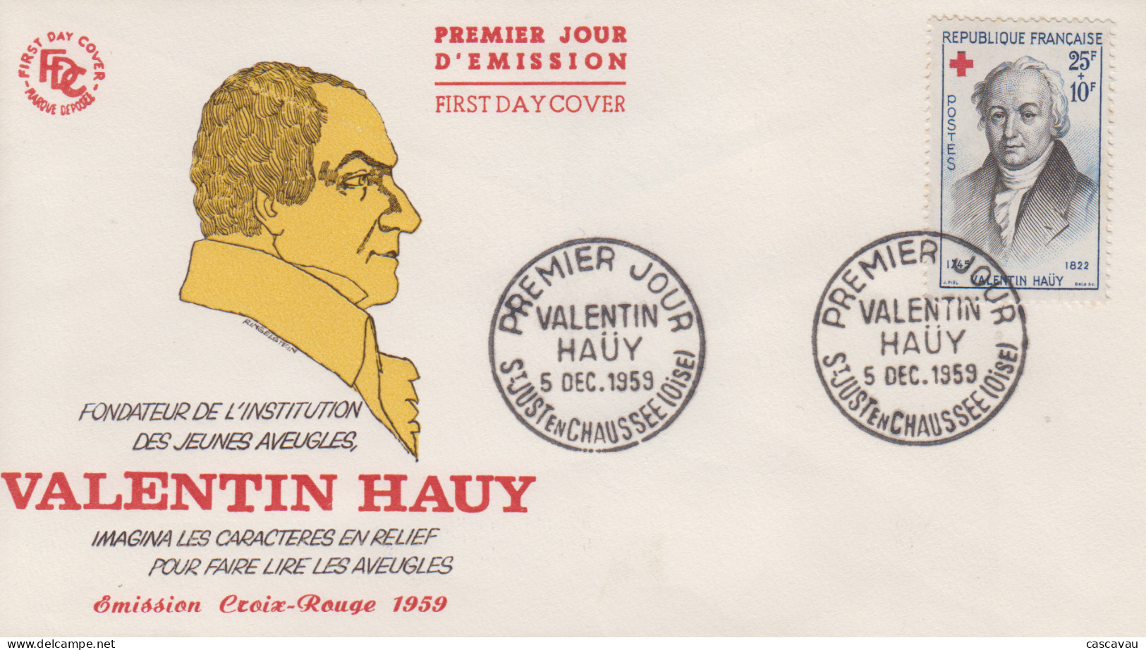 Enveloppe   FDC   1er Jour   FRANCE     Valentin   HAÜY      CROIX  ROUGE    SAINT  JUST  EN  CHAUSSEE   1959 - 1950-1959