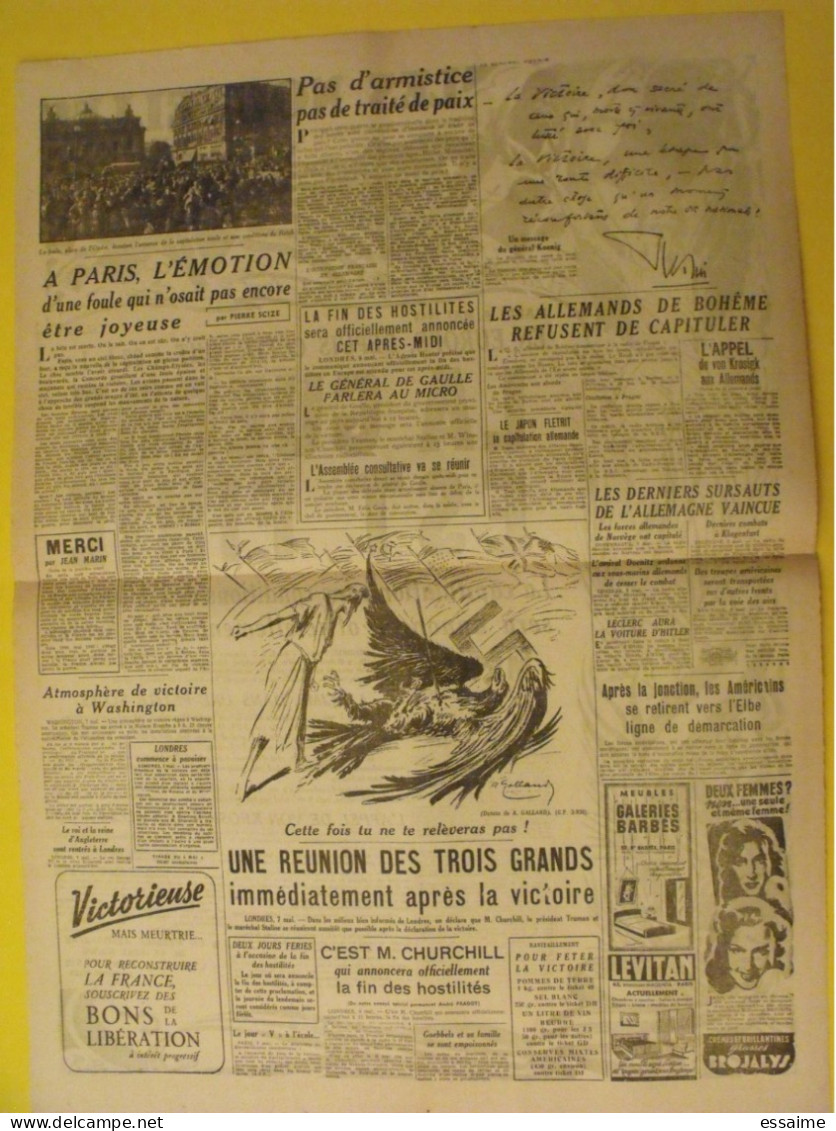 Les Nouvelles Du Matin. Mardi 8 Mai 1945. La Guerre Est Finie. Capitulation De L'Allemagne Koenig Doenitz - Guerre 1939-45