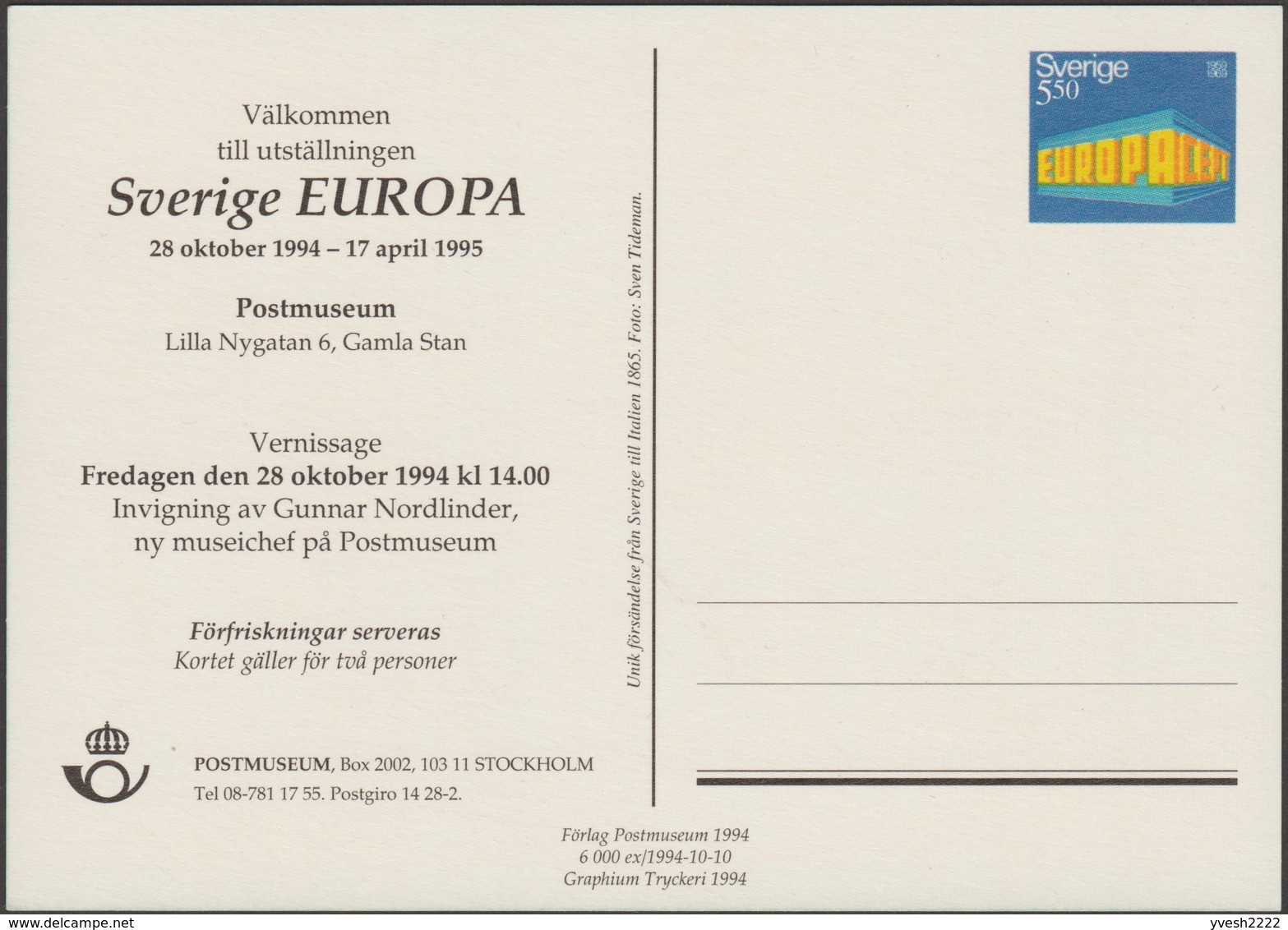Suède 1994. Entier Postal Du Musée Postal, Timbre Au Type Europa 1969. Tirage 6000 Ex. Timbre Sur Timbre - 1969