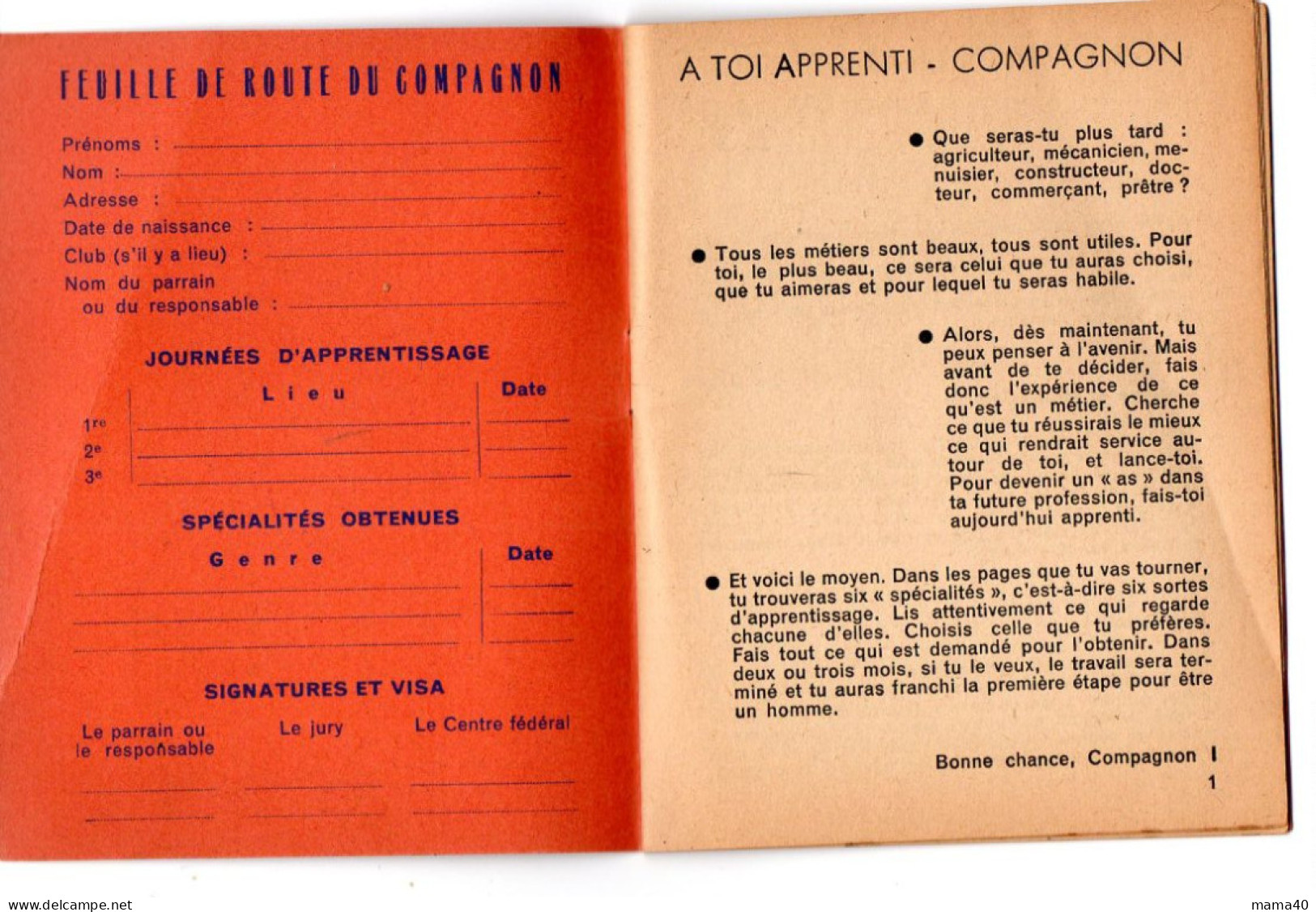 COMPAGNONAGE - MON CARNET DE COMPAGNON - A TOI APPRENTI COMPAGNON - Historische Dokumente