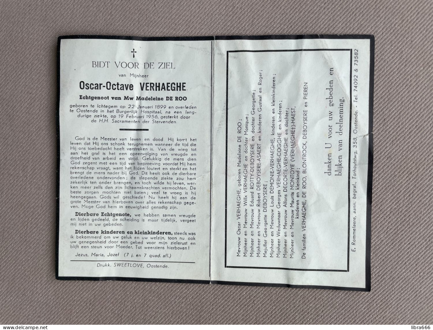 VERHAEGHE Oscar Octave °ICHTEGEM 1899 +OOSTENDE 1956 - DE ROO - BLONTROCK - DEBOYSERE - PIEREN - ROTTY - ASAERT - COGGHE - Obituary Notices