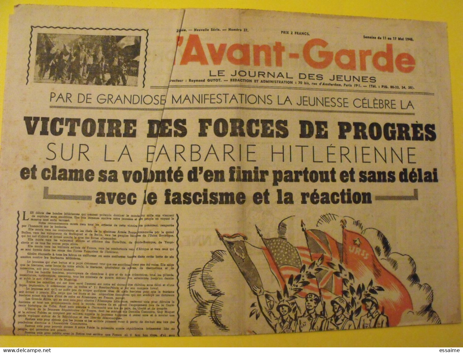 Hebdo L'Avant-Garde, Le Journal Des Jeunes. N° 37 Du 11 Mai 1945. Victoire Sur La Barbarie Hitlerienne Pétain Waihingen - Weltkrieg 1939-45