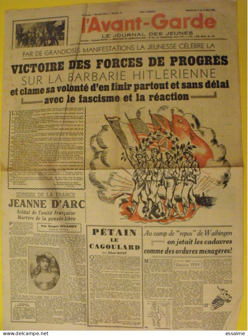 Hebdo L'Avant-Garde, Le Journal Des Jeunes. N° 37 Du 11 Mai 1945. Victoire Sur La Barbarie Hitlerienne Pétain Waihingen - War 1939-45