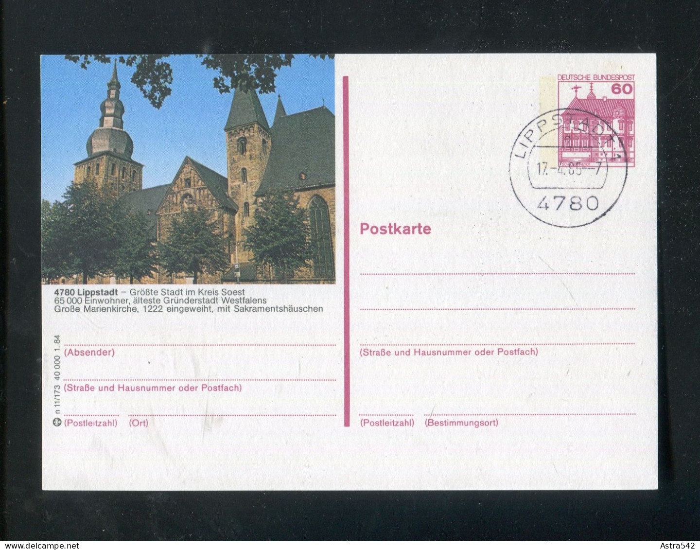 "BUNDESREPUBLIK DEUTSCHLAND" 1984, Bildpostkarte Mit Bildgleichem Stempel Ex "LIPPSTADT" (A1151) - Cartes Postales Illustrées - Oblitérées