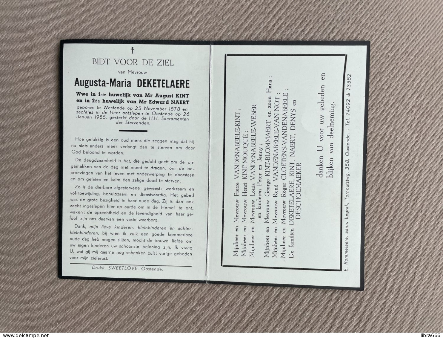 DEKETELAERE Augusta Maria °WESTENDE 1878 +OOSTENDE 1955 - KINT - NAERT - DENYS - DESCHOEMAEKER - VANDENABEELE - MOUQUÉ - Obituary Notices