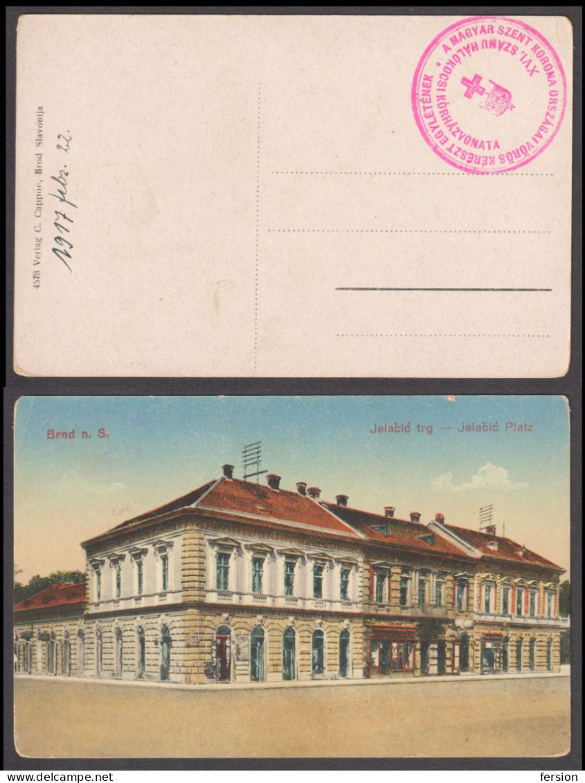 RED ROSS Postmark TPO Hospital Train Railway Postcard Slavonski Brod Jelačić  Trg Hungary KuK CROATIA 1917 WW1 War - Croatie