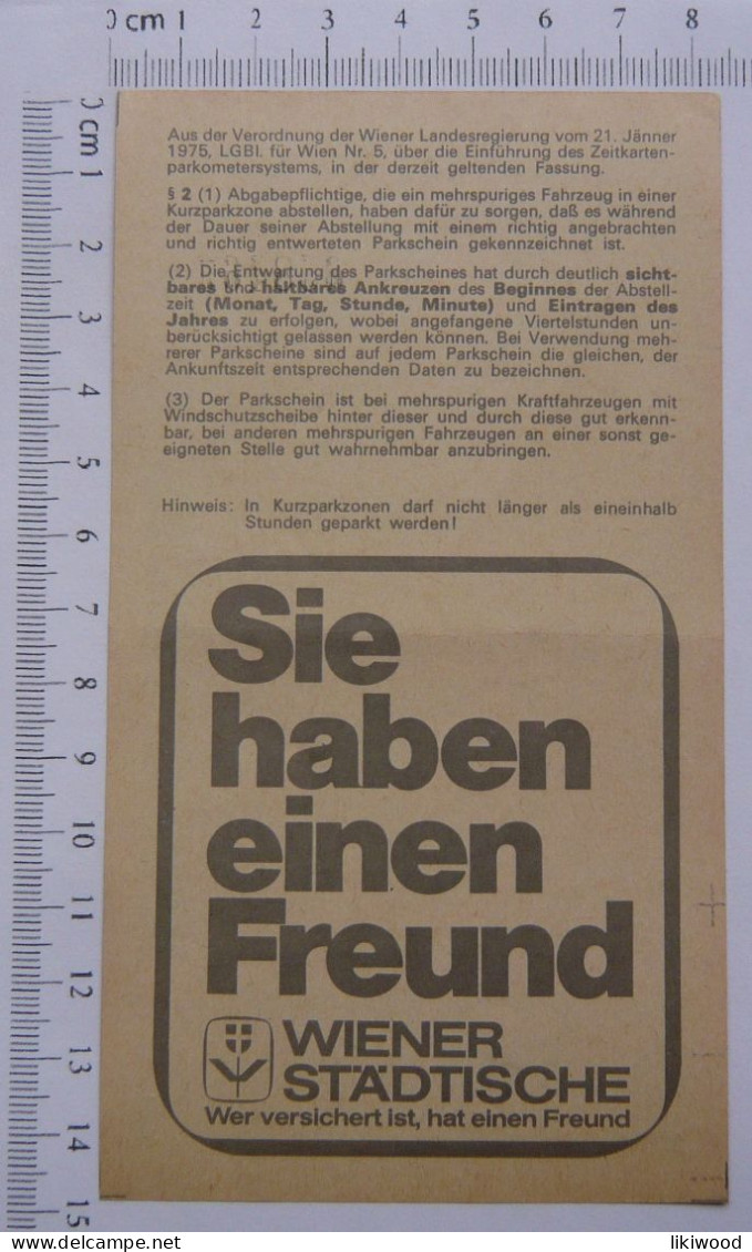 Parking Ticket, Parkschein, Wien, 1975 - Tickets - Vouchers