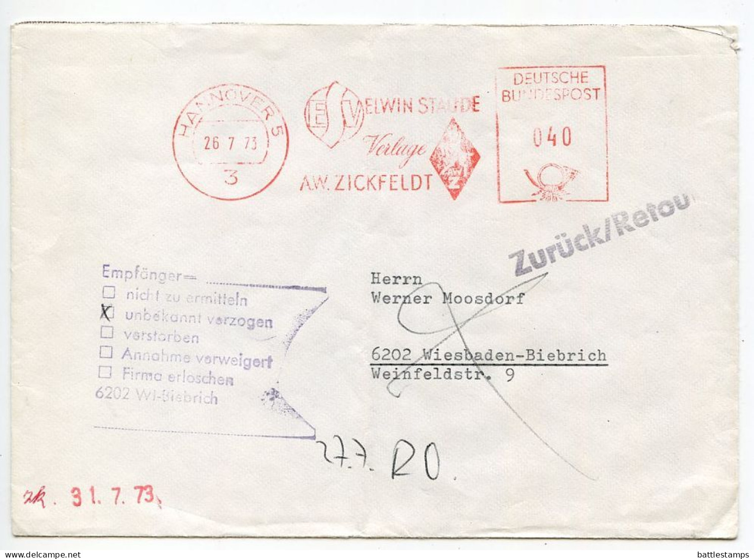 Germany, West 1973 40pf. Meter Cover With Elwin Staude Verlage Slogan; Hannover To Wiesbaden-Biebrich; Return To Sender - Machines à Affranchir (EMA)