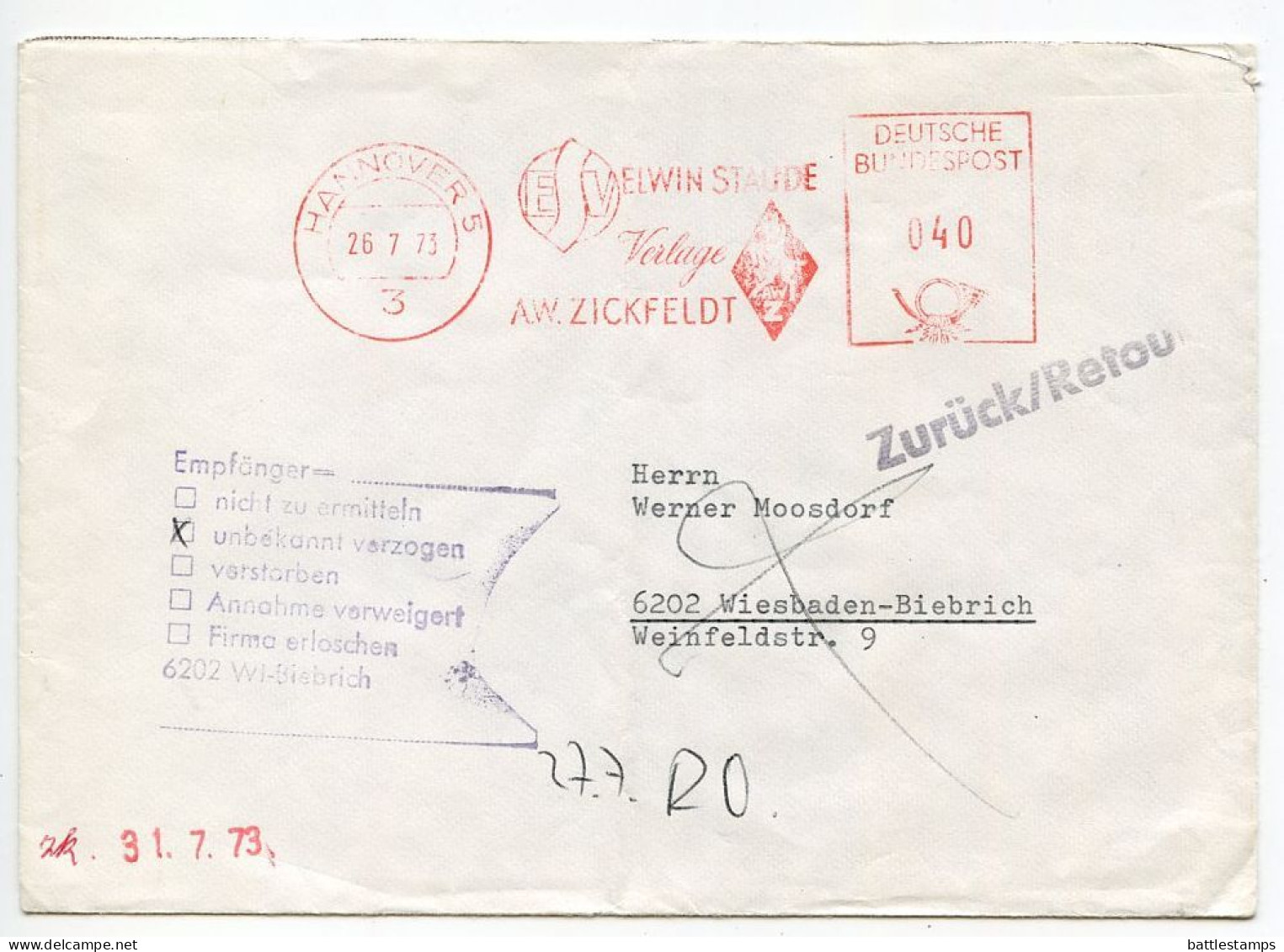 Germany, West 1973 40pf. Meter Cover With Elwin Staude Verlage Slogan; Hannover To Wiesbaden-Biebrich; Return To Sender - Franking Machines (EMA)