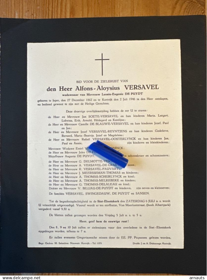 Den Heer Alfons-Aloysius Versavel Wed De Puydt *1862 Ieper +1946 Kortrijk Soete De Blauwe Meersseman Billiau - Esquela