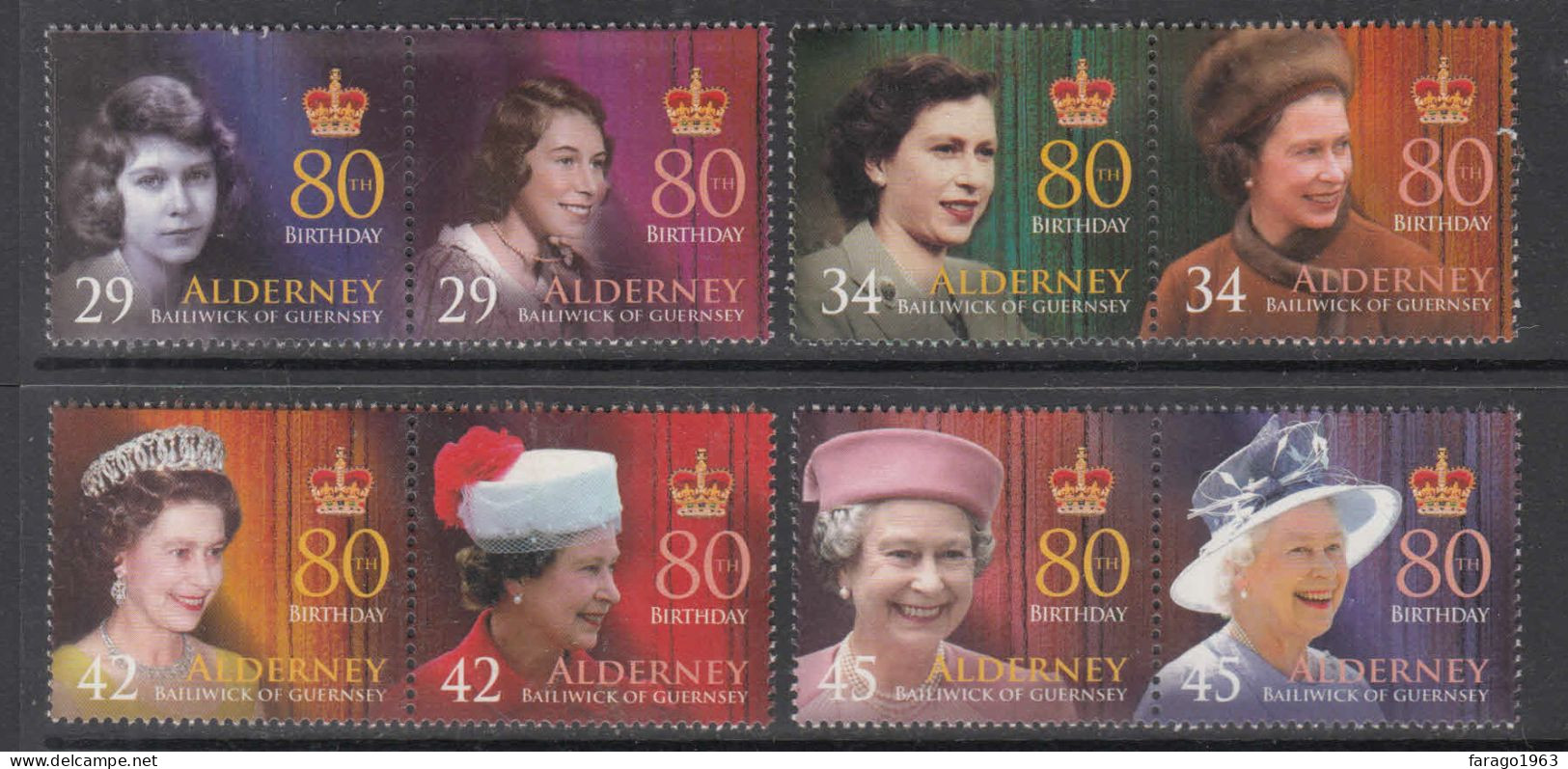 2006 Alderney QEII 80th Birthday  Complete Set Of 4 Pairs MNH @ BELOW FACE VALUE - Alderney