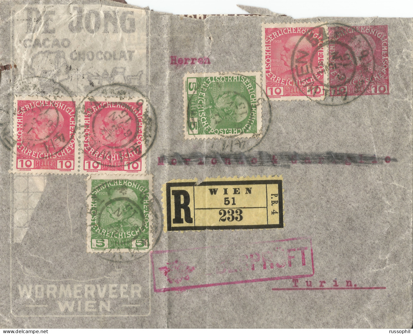 AUSTRIA - REGISTERED 40 HELLER UPRATED DE JONG CACAO UND CHOKOLAKOLADEFRABRIK 10 HELLER STATIONERY COVER TO ITALY - 1916 - Storia Postale