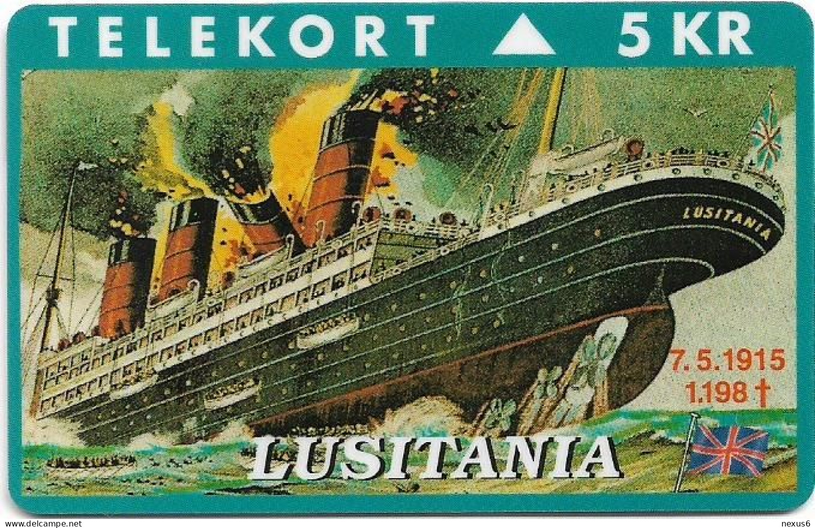 Denmark - KTAS - Ships (Green) - Lusitania - TDKP124 - 01.1995, 2.000ex, 5kr, Used - Dinamarca