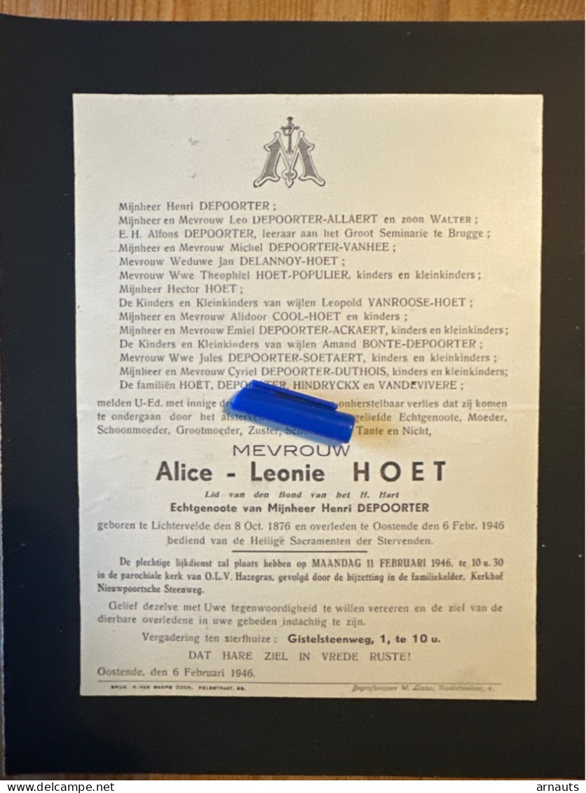 Alice Leonie Hoet Echtg Depoorter Henri *1876 Lichtervelde +1946 Oostende Allaert Delannoy Populier Vanroose Cool Bonte - Todesanzeige