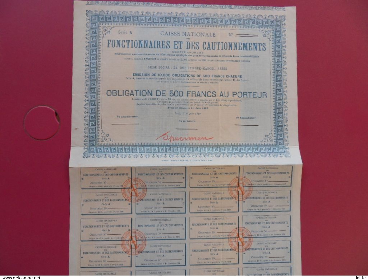 RARE OBLIGATION SPECIMEN NON EMISE CAISSE NATIONALE DES FONCTIONNAIRES ET DES CAUTIONNEMENTS - Banque & Assurance