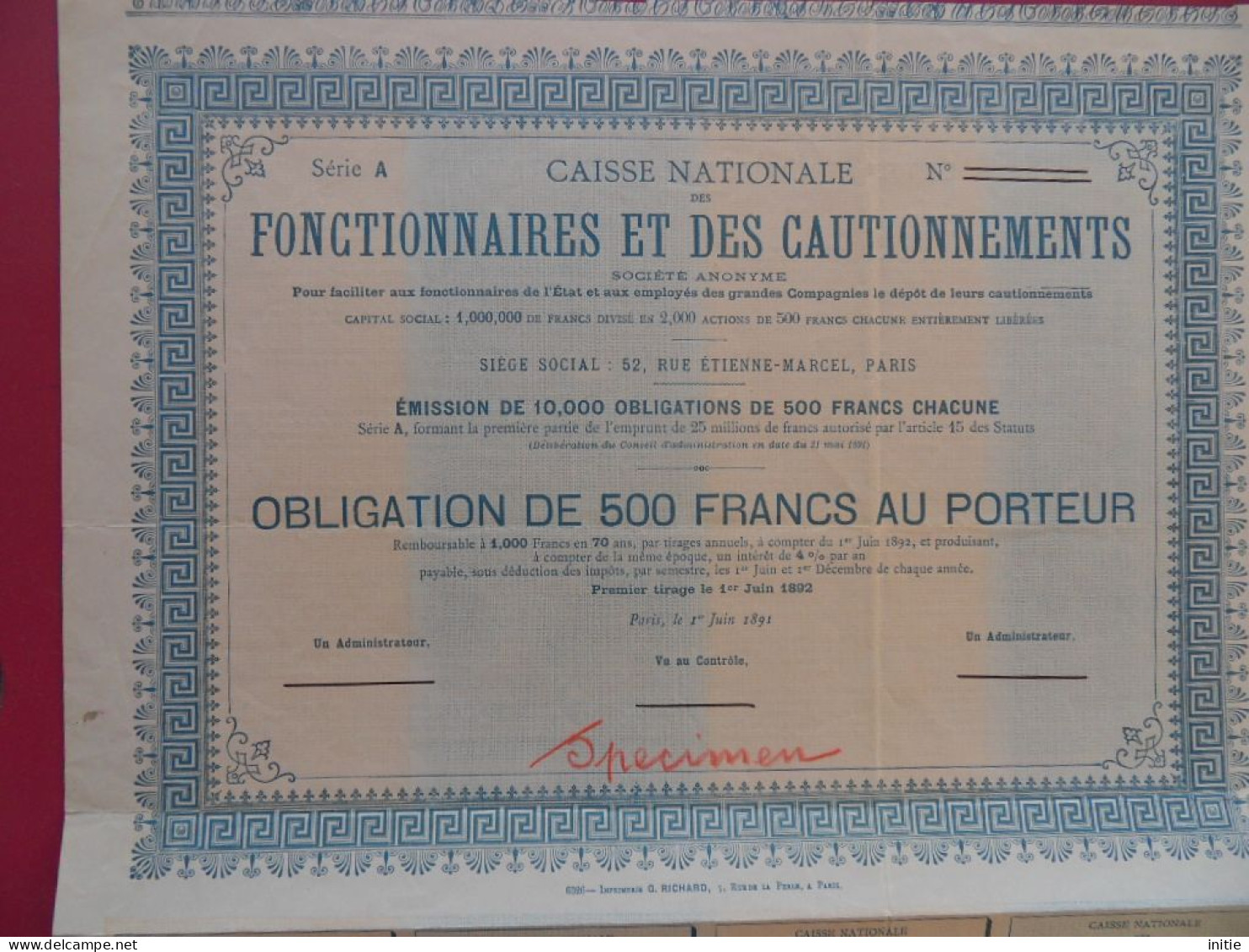 RARE OBLIGATION SPECIMEN NON EMISE CAISSE NATIONALE DES FONCTIONNAIRES ET DES CAUTIONNEMENTS - Bank & Versicherung