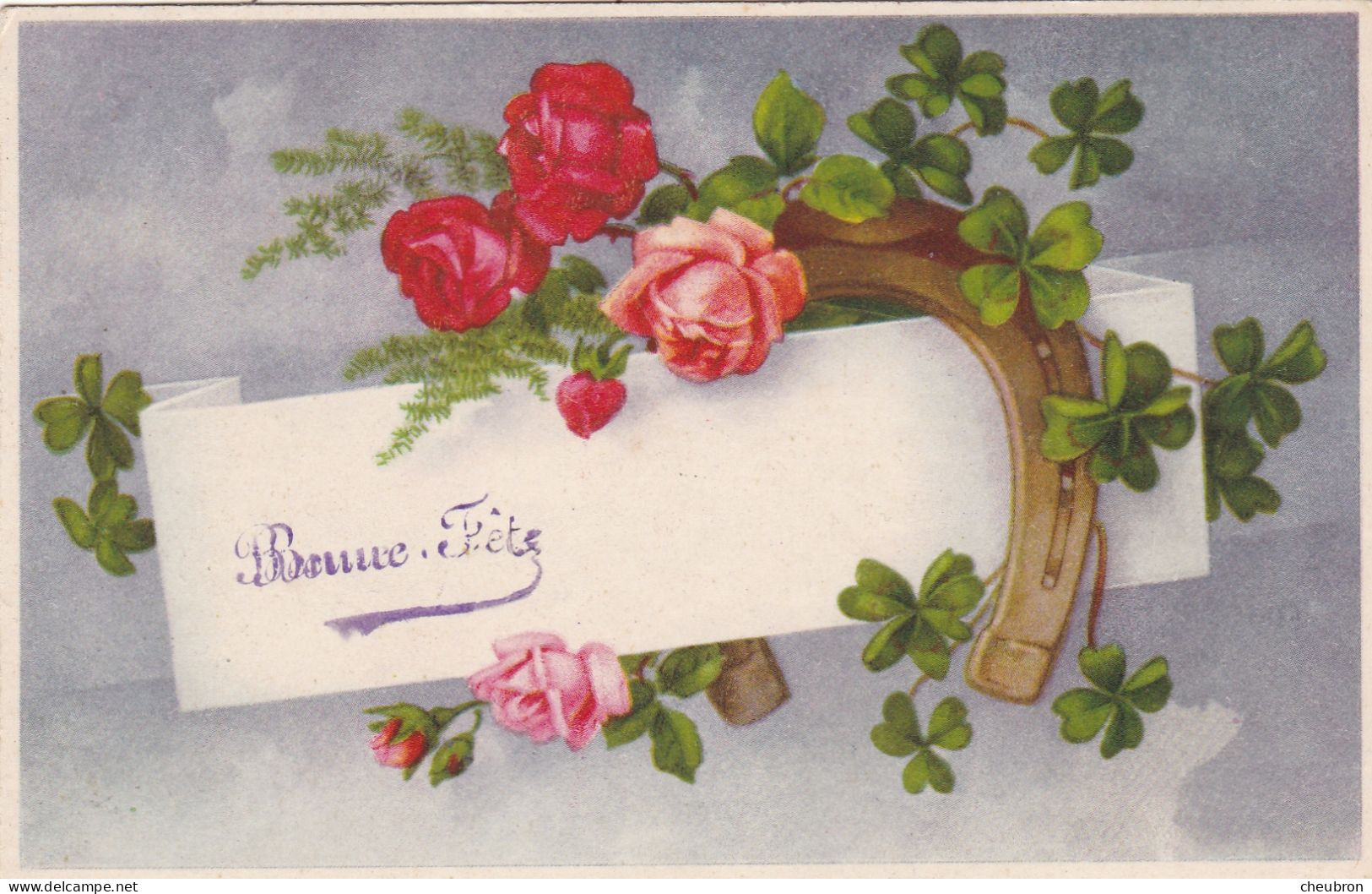 FETES- VOEUX. CPA. " BONNE FÊTE" . ILLUSTRATION. ROSES. TREFLES .FER A CHEVAL + TEXTE - Autres & Non Classés