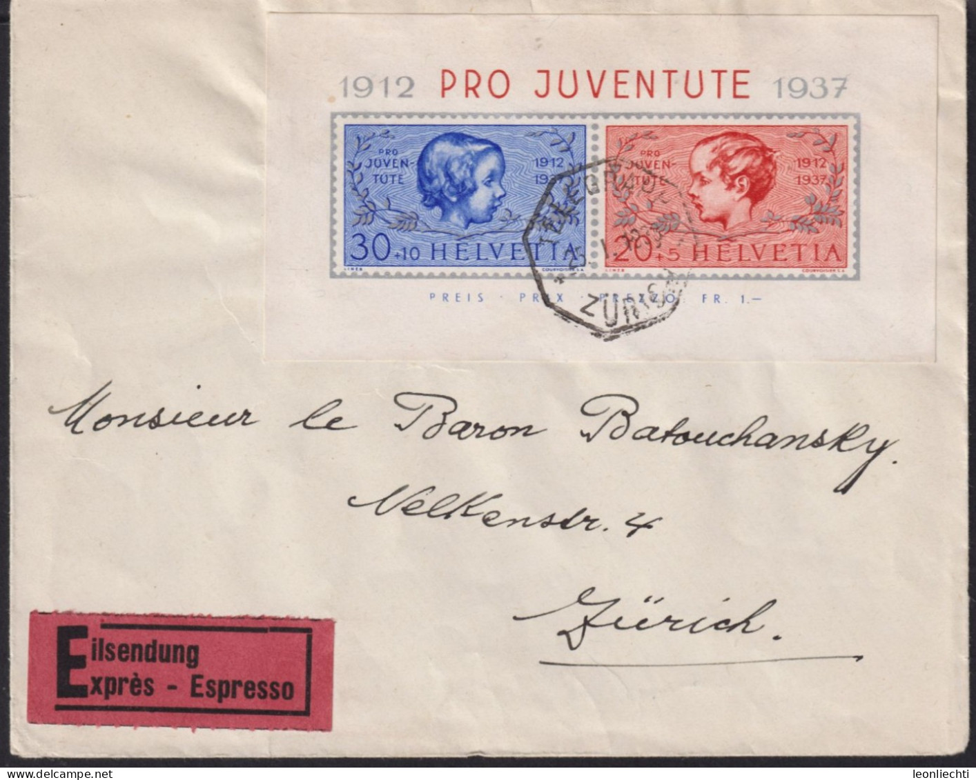 1937 Pro Juventute, Eilbrief Mi:CH Bi. 3 Zum:CH J83I/J84I, Stempel: 8 Eckig TELGRAPH ZÜRICH, Knabe Und Mädchen - Storia Postale