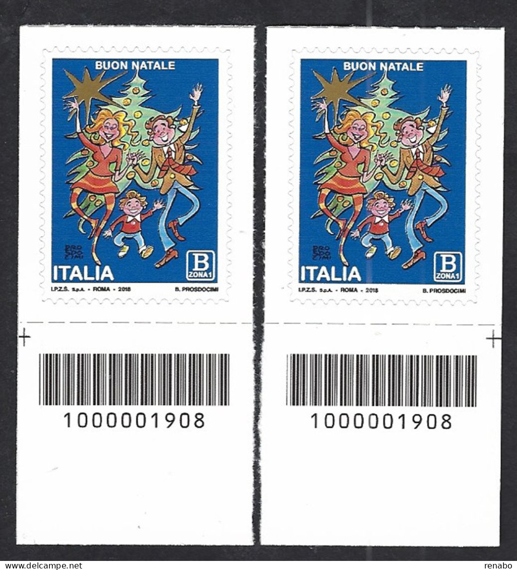 Italia 2018; Natale Laico, Vignetta Con Famiglia, B Zona 1: Due Francobolli A Barre Opposte - Barcodes