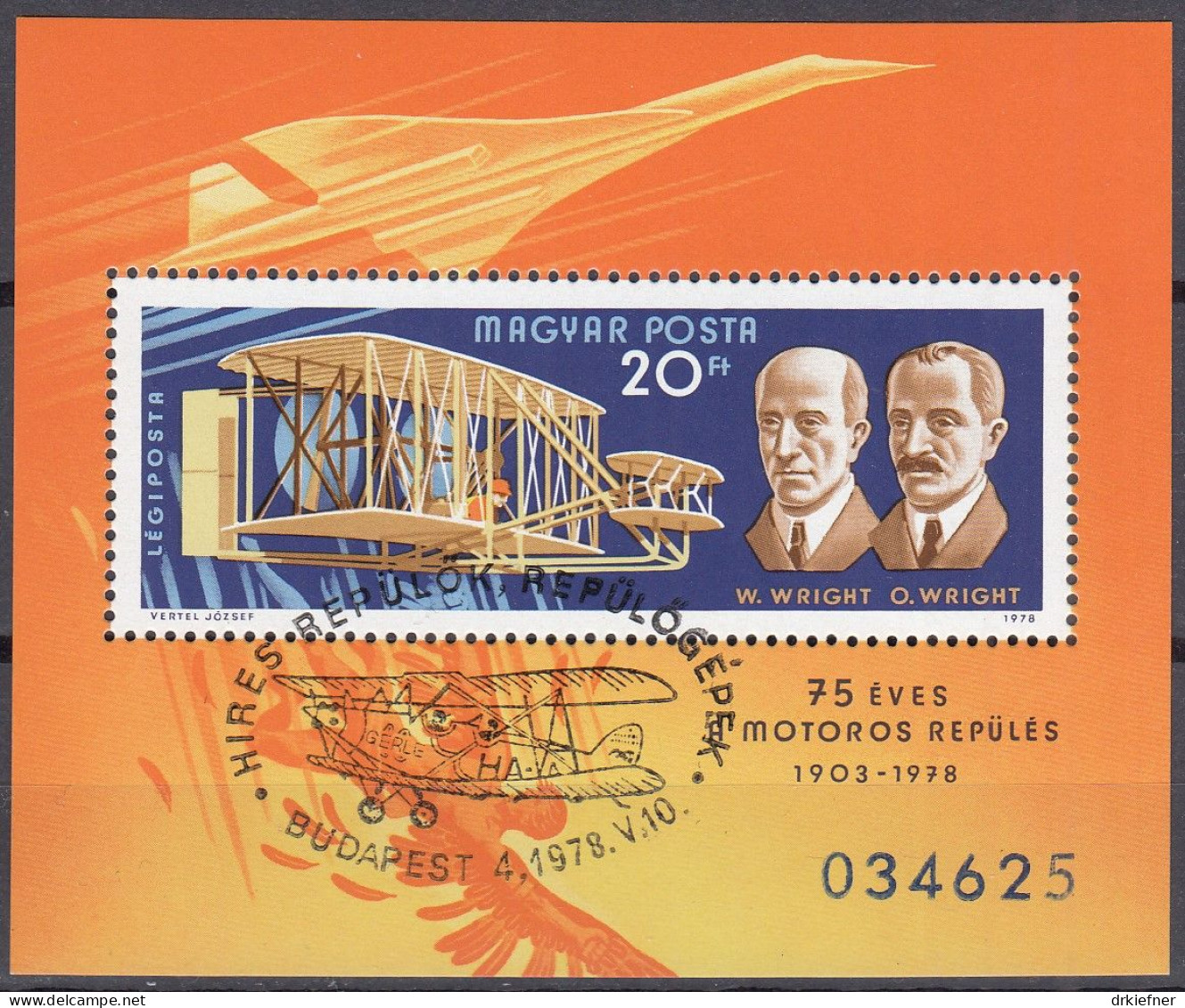 UNGARN   Block 129 A, Gestempelt, 75 Jahre Motorflug: Flieger Und Flugzeuge, 1978 - Blocks & Sheetlets