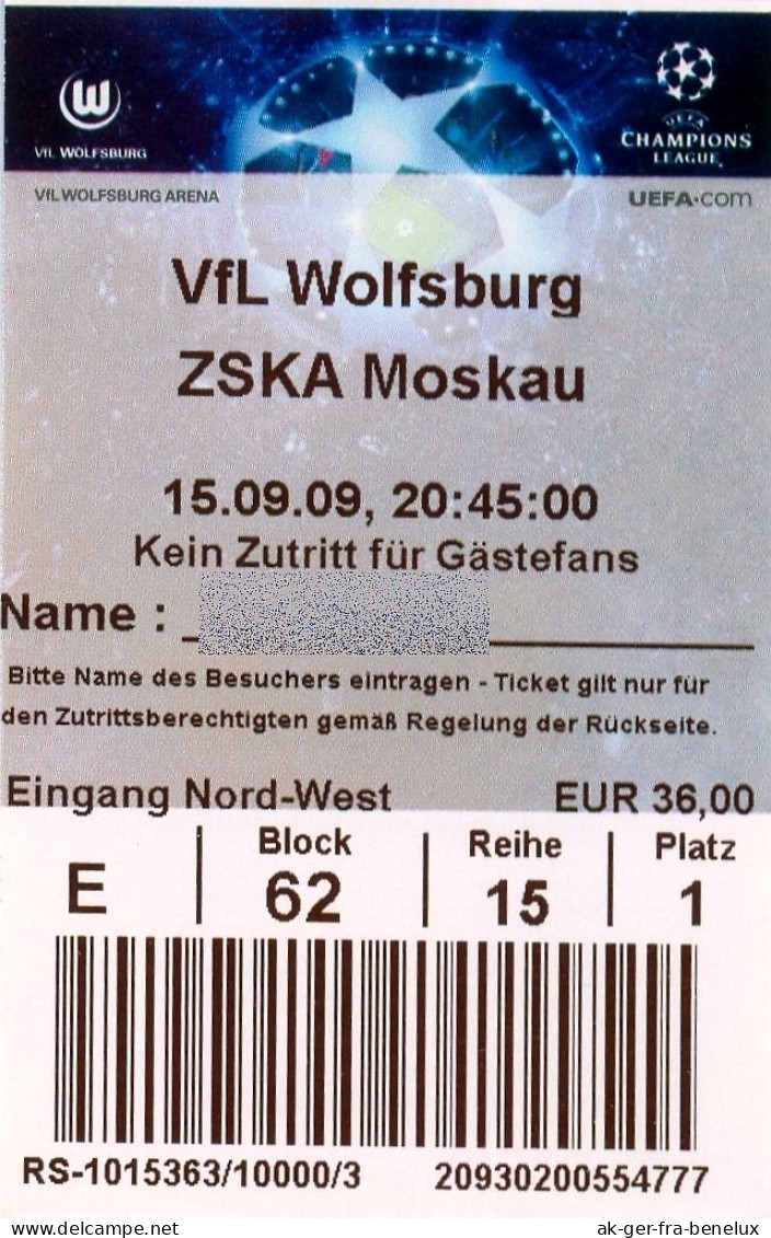 Fußball Eintrittskarte Ticket VfL Wolfsburg - ZSKA Moskau 15. 9. 2009 CSKA Moscow Moskwa UEFA Champions League Football - Eintrittskarten