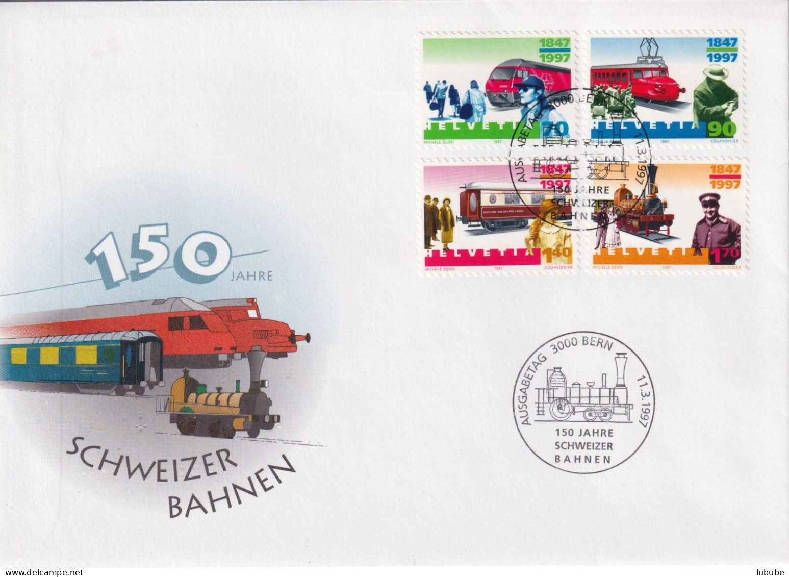 FDC  "150 Jahre Schweizer Bahnen, Bern"        1997 - Lettres & Documents