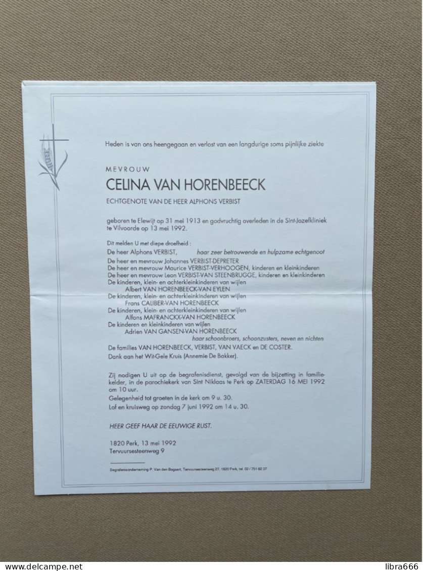 VAN HORENBEECK Celina °ELEWIJT 1913 +VILVOORDE 1992 - VERBIST - VAN VAECK - DE COSTER - DEPRETER - Sint Niklaas, Perk - Overlijden