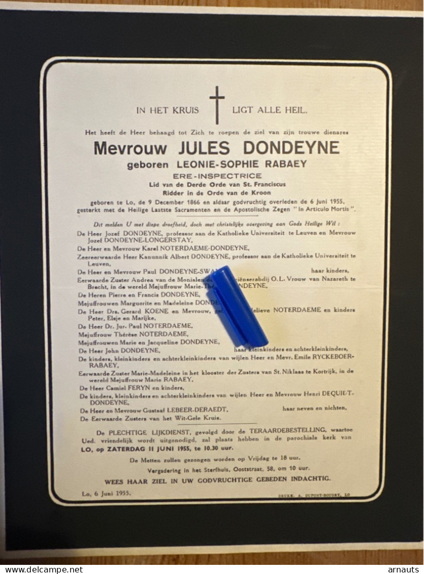 Mevr Jules Dondeyne Heb Rabaey Inspectrice *1866 Lo +1955 Lo Longerstay Noterdame Ryckeboer Feryn Dequidt Lebeer - Obituary Notices