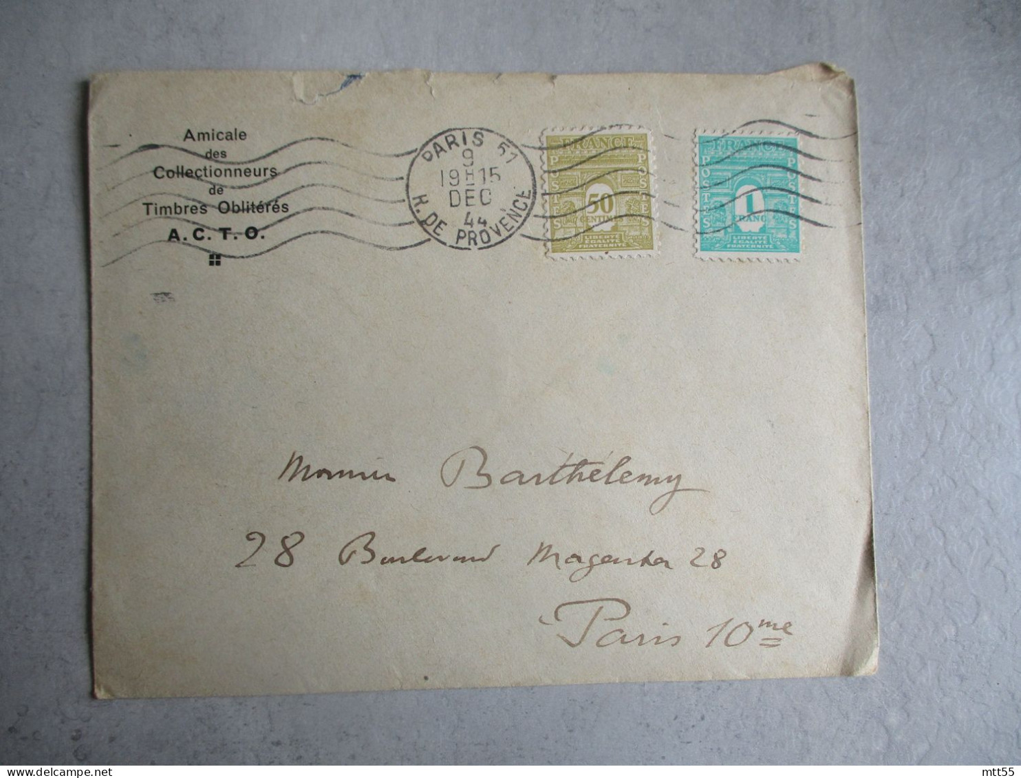 1944 TIMBRE ARC DE TRIOMPHE  50 C ET 1 F AFFRANCHISSEMENT LETTRE - Briefe U. Dokumente