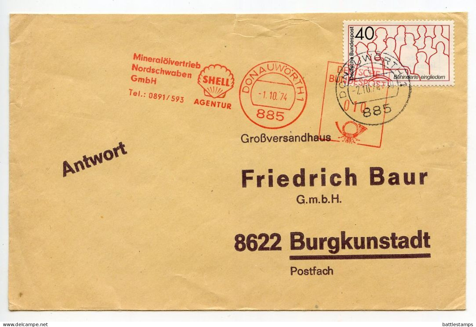 Germany, West 1974 10pf. Meter Cover With Shell Company Slogan; Donauwörth To Burgkunstadt; 40pf. Handicapped Stamp - Maschinenstempel (EMA)