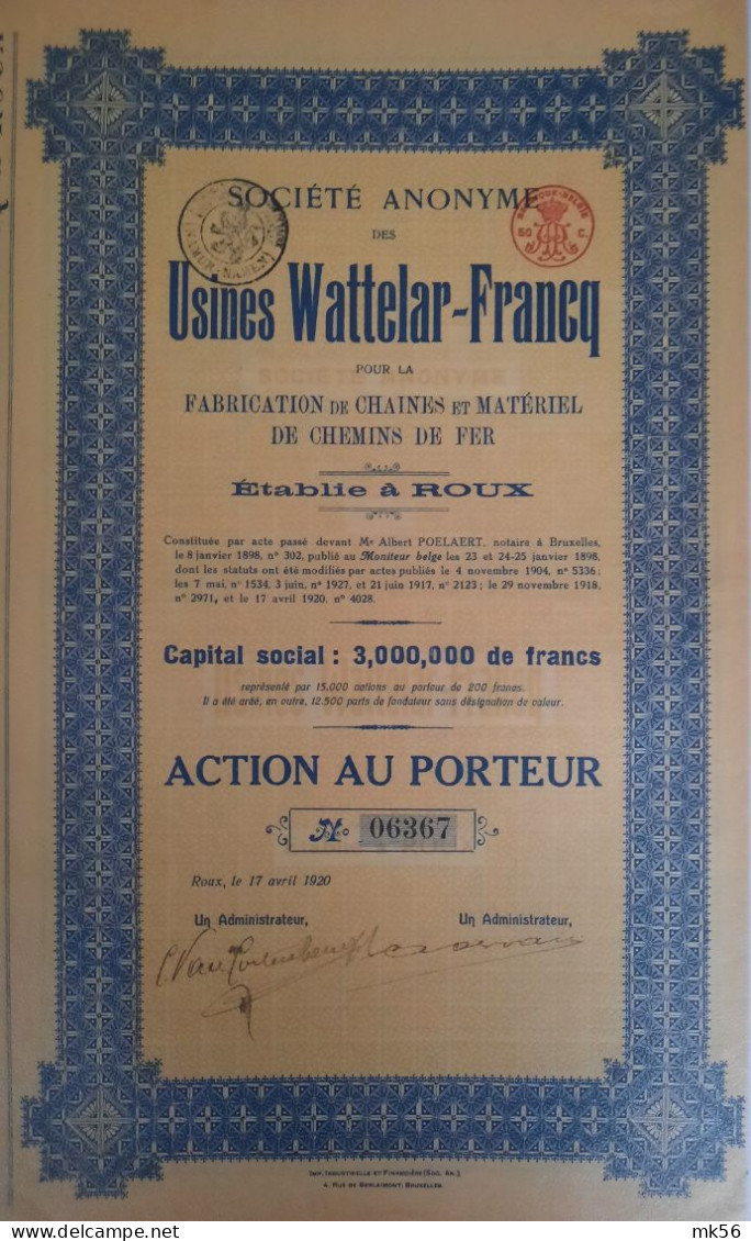 S.a. Usines-Wattelar-Francq - ROUX - Action Au Porteur - 1920 - Industry
