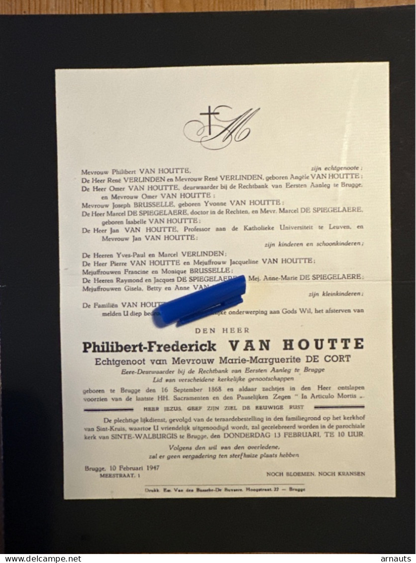 Philibert Frederick Van Houtte Echtg De Cort *1868 Brugge +1947 Brugge Deurwaarder Rechtbank Eerste Aanleg Spiegelaere - Todesanzeige