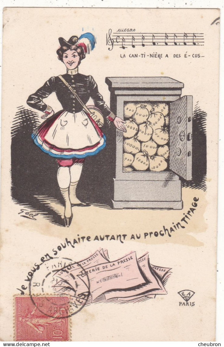 HUMOUR .CPA. ILLUSTRATEUR GEEL.LA CANTINIERE A DES ECUS " Je Vous En Souhaite Autant Au Prochain Tirage.".ANNEE 1915 - Humor