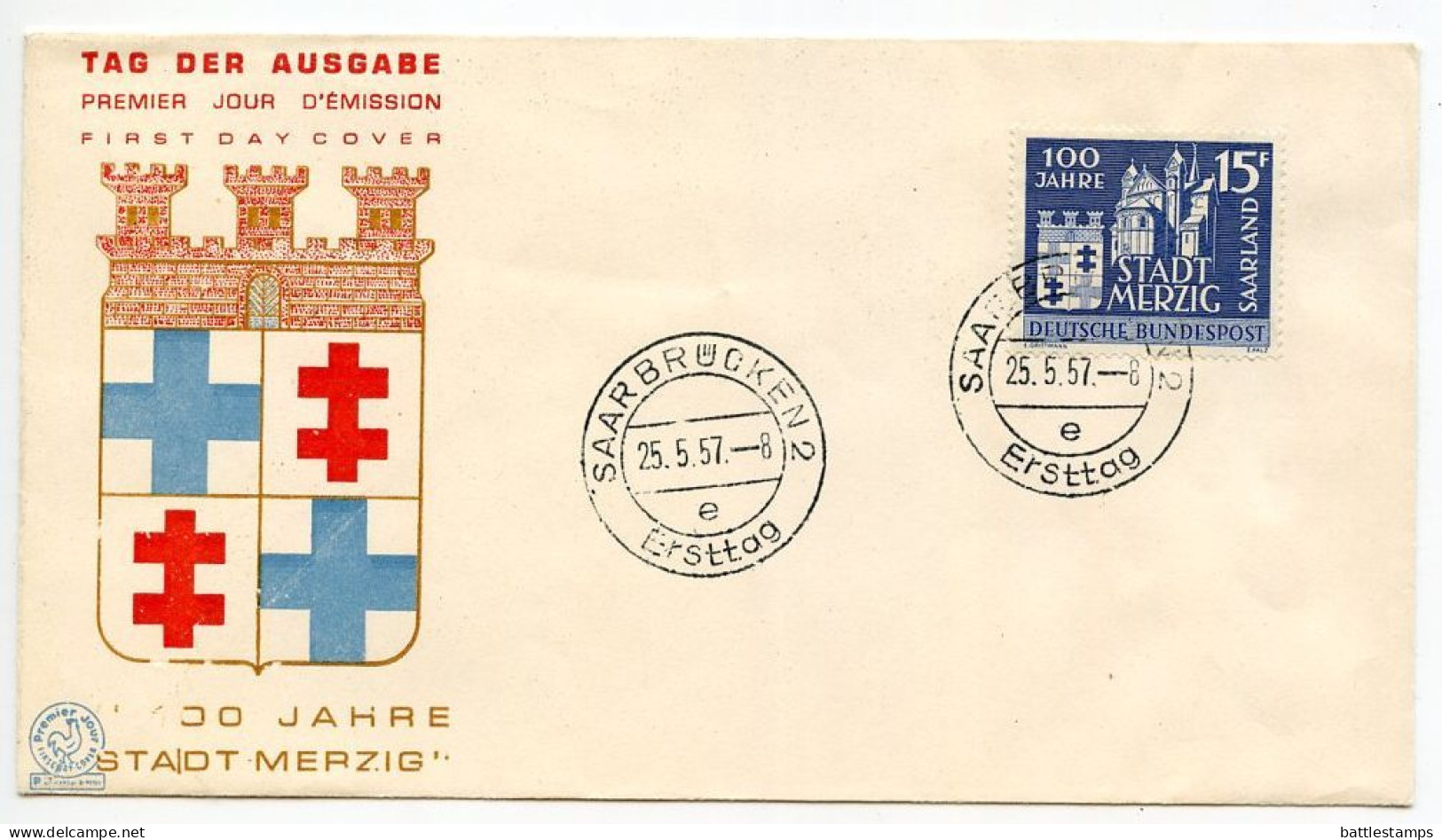 Saar 1957 Scott 285 FDC Stadt Merzig 100th Anniversary - FDC