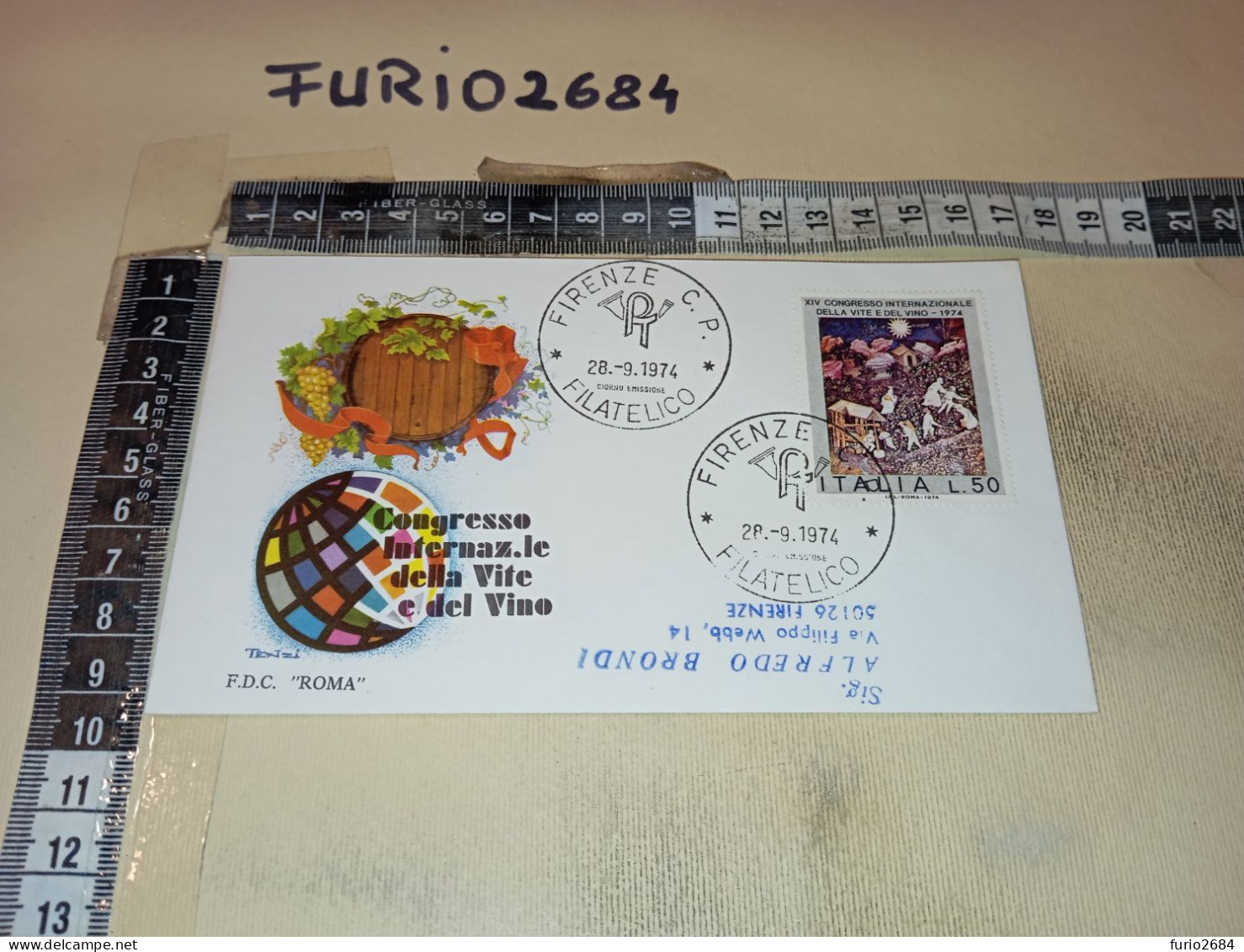 HB12711 FDC ROMA TIMBRO ANNULLO FIRENZE 1974 CONGRESSO INTERNAZIONALE DELLA VITE E DEL VINO - FDC