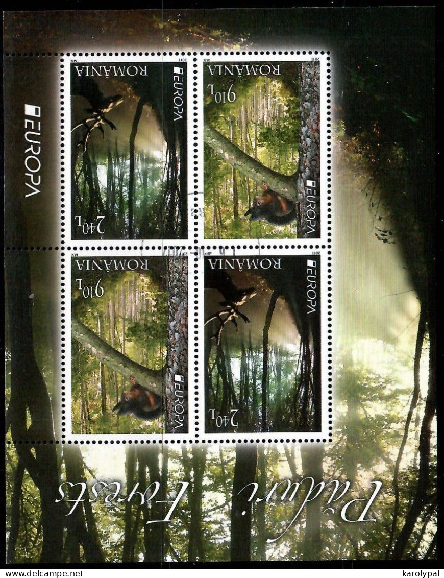 Romania, 2011 CTO, Mi. Bl. Nr. 500,  Europa, Red Deer (Cervus Elaphus), Red Squirrel (Sciurus Vulgaris) - Oblitérés